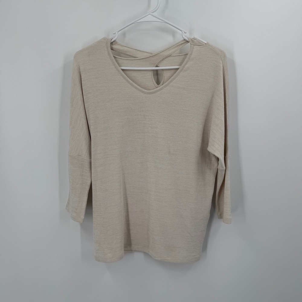 Market & Spruce Beige Knit Sweater V‎ Neck Criss Cross Back 3/4 Sleeve Size S